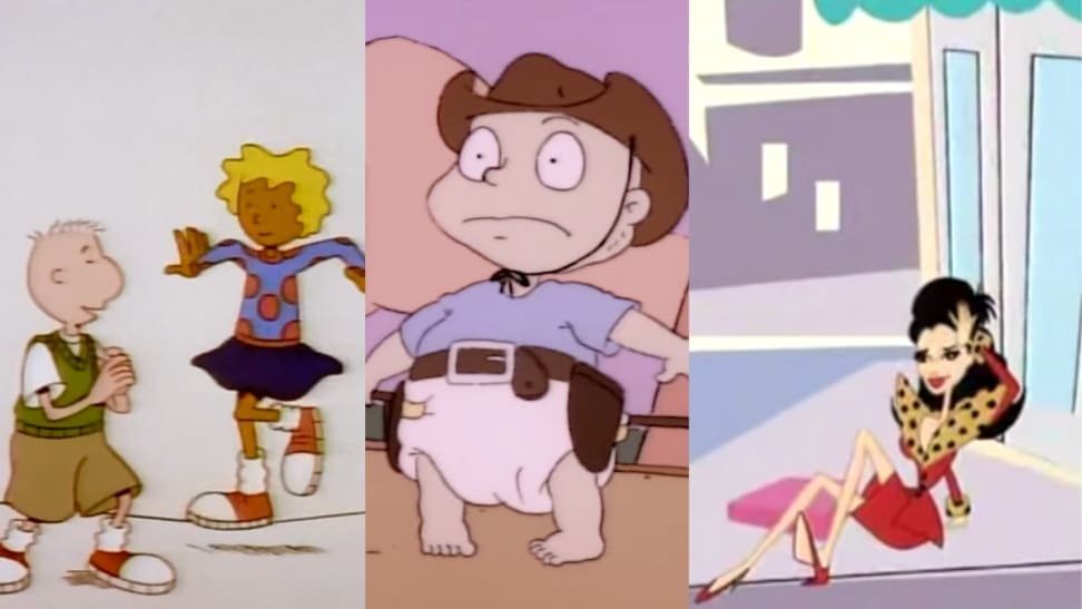 On left, characters Doug and Patti Mayonnaise from children's television show "Doug." In middle, main character Tommy Pickles from children's television show "Rugrats." On right, character Fran Fine from television show "The Nanny."