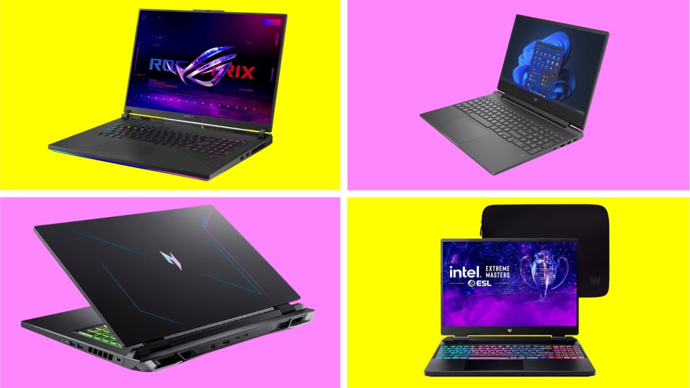 Four different gaming laptops in front of colored backgrounds.