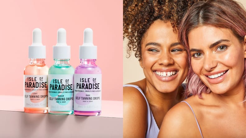 Left: 3 bottles of self tanning drops on pink shelf, Right: Two tan women smiling