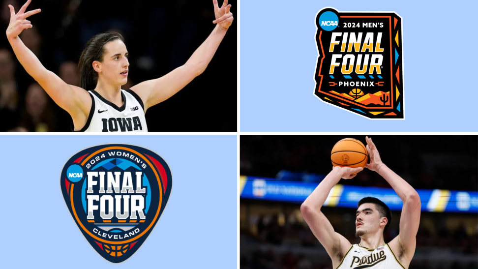 Caitlin Clark and Zach Edey next to the women's and men's Final Four logos.