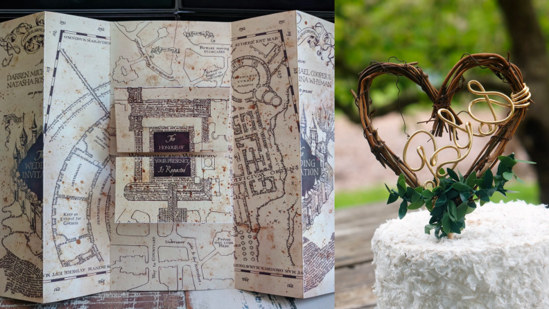 1) Close up of a Harry Potter-themed wedding invitation. 2) A branch cake topper.