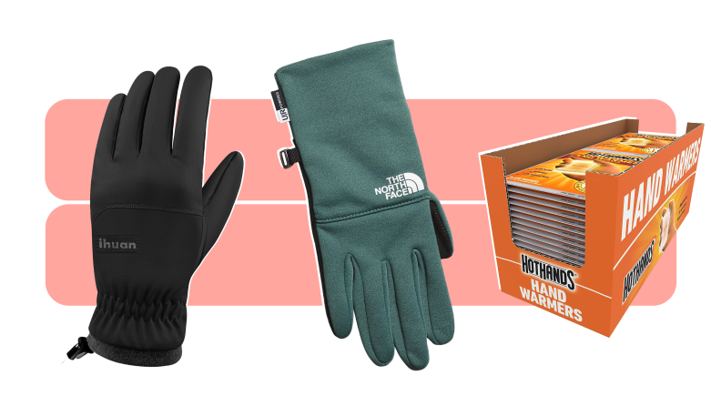 Ihuan and North Face gloves, as well as HotHands hand warmers in a single image