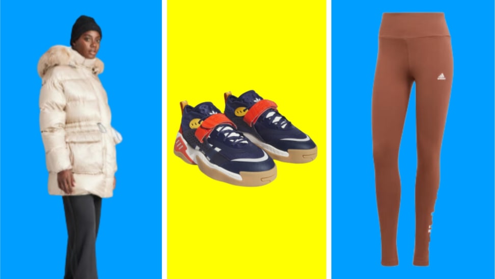 A trio of adidas products in front of colored backgrounds.