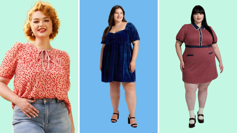 Collage of three plus-size options: A green skirt jumper, a plaid overcoat, and a red vintage-inspired dress.