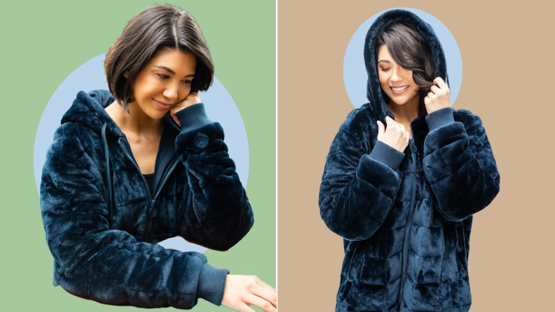 Model poses while sitting and standing while wearing a plush, midnight blue weighted hoodie.