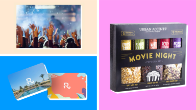 A selection of the best experience gifts including a photo of people holding up their hands at  concert, Resort Pass cards, and a box of Urban Accents popcorn on a tan, blue and purple background.