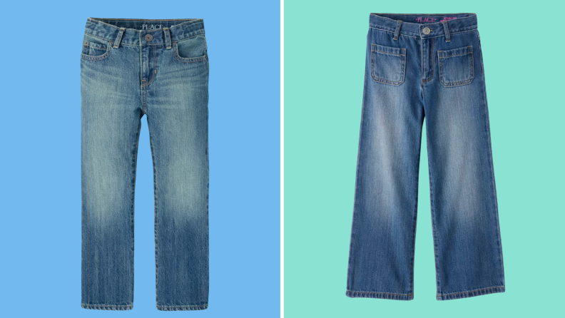 One flared denim with boat pockets. The other pair of jeans is straight and very boy-ish.
