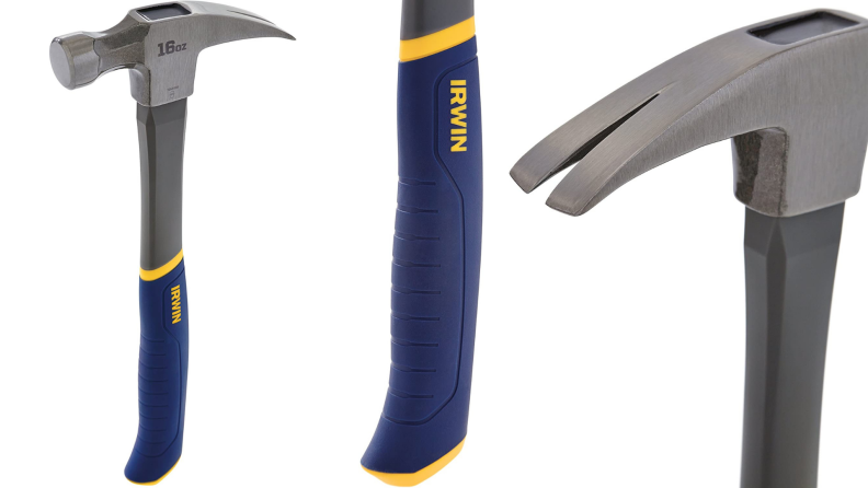 On left, product shot of silver claw hammer. In middle, blue and yellow rubber handle on claw hammer. On right, top silver claw part of hammer.