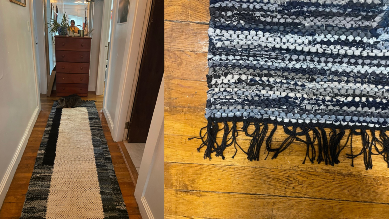 On the left, an overhead shot of a cat laying on a woven rug. On the right, a close-up of the woven detailing.