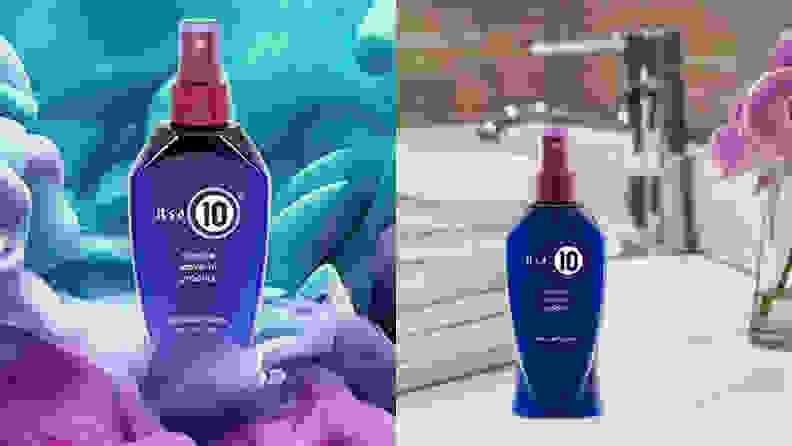On the left: The It’s A 10 Miracle Leave-In stands on a green, blue, and purple wavy background. On the right: The blue bottle of It’s A 10 Miracle Leave-In sits on the side of a white sink.