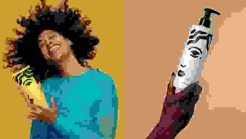 On the right: Tracee Ellis Ross throwing her head back smiling holding a yellow bottle. On the right: A hand holding up a black and white pump bottle.