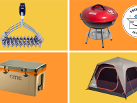 An orange and yellow collage with camping and grilling supplies.