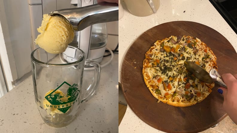On left, person dropping scoop of vanilla ice cream into glass cup using the Caraway ice cream scooper. Person using pizza cutter on small pizza.