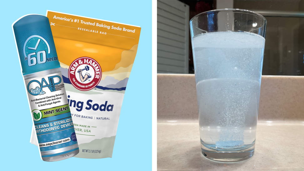 A collage featuring baking soda and foam retainer cleaner next to an image of a glass of water with foaming retainer cleaner