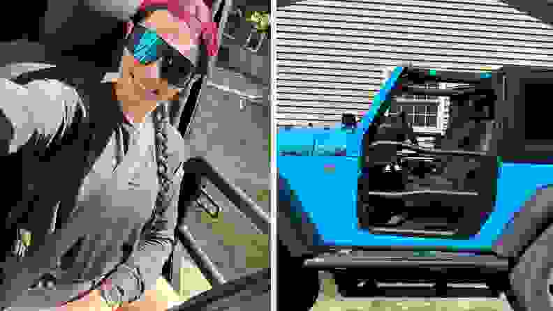 Side-by-side selfie image of the author smiling behind the wheel of her Jeep with the Rugged Ridge Fortis Tube Door next to her, and an outside profile view of the blue Jeep with the doors attached.