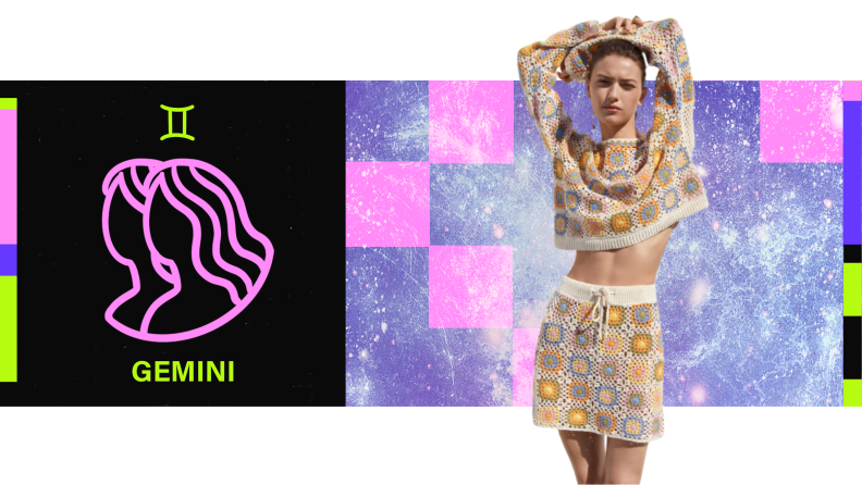 On the left is an illustration of the symbol for Gemini, on the right is a model wearing a matching crochet skirt and sweater-set.