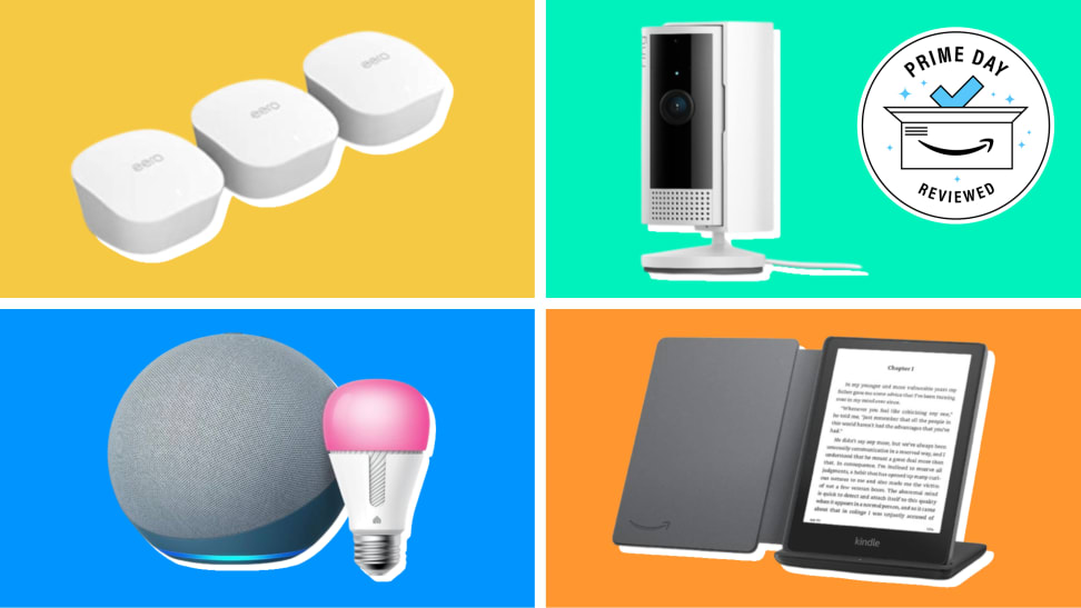 A collage of Amazon devices with the Prime Day Reviewed badge in front of different backgrounds.