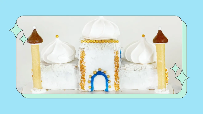 A Gingerbread Mosque made with gingerbread, Hershey's kisses, and meringues.