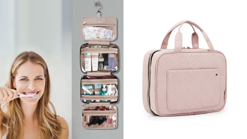 On the left: A person with blonde hair smiles while brushing her teeth. A Bagsmart cosmetic case hangs on the wall behind them. On the right: A pink Bagsmart cosmetic bag sits upright with its pocket zipped shut and handles standing up.