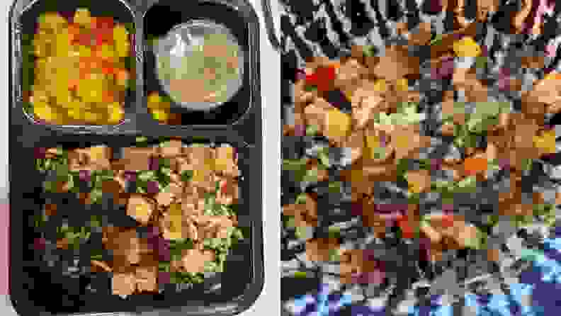 Left: Factor vegetarian meal in its packaging. Right: Same meal, plated