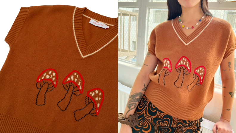 Two images of the same sweater vest, in burnt umber with a v-neck and an embroidered mushroom on the chest.