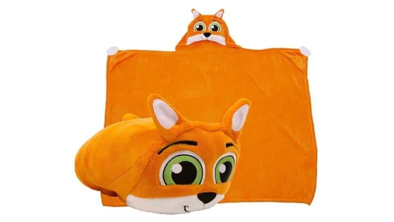 A fox-style stuffed animal and the blanket it converts into.