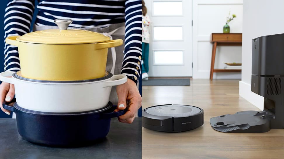 Left: Woman holding Le Creuset dutch ovens Right: Irobot roomba cleaning floor.