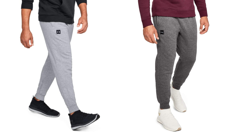 A couple of models pose in cool-weather wear like sweatshirts, sweatpants, and sneakers. They're shown only from the waist down.