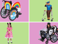 Top left, wheelchair with rainbow Halloween decorations. Top right, small child wearing Paw Patrol Halloween costume with walker. Bottom left, small child wearing Minnie Mouse Halloween costume. Bottom right, child in wheelchair wearing police Halloween costume.