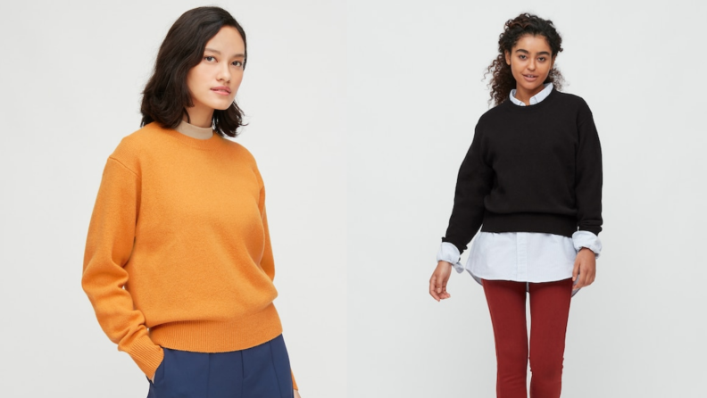 Two images of women in the same sweater, the first woman wears the sweater in bright mustard yellow and the second wears the sweater in black with a collared shirt beneath it.