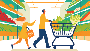 Shoppers pushing grocery cart through wholesale club aisle with food.