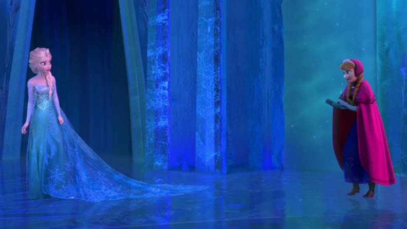A still from 'Frozen' featuring Anna and Elsa in a standoff in Elsa's ice palace.