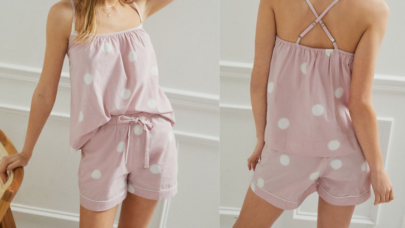 model wearing matching polka dot pajama set