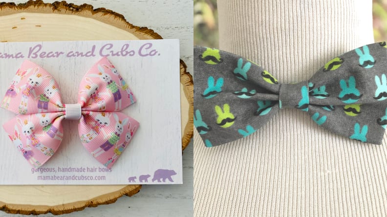 Girls pink hair bow with bunnies and boys grey bowtie with blue bunnies