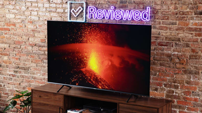 A scene of a volcano explosion on a television screen.