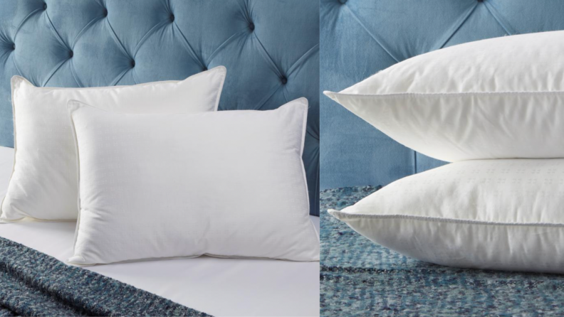 Two white pillow on a blue bed.