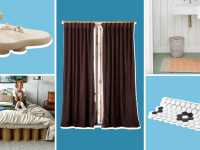 Photo collage of assorted furniture including velvet drapes, a coffee table, a tile sheet, a rug on a bathroom floor and a person sitting on top of a cardboard mattress frame.