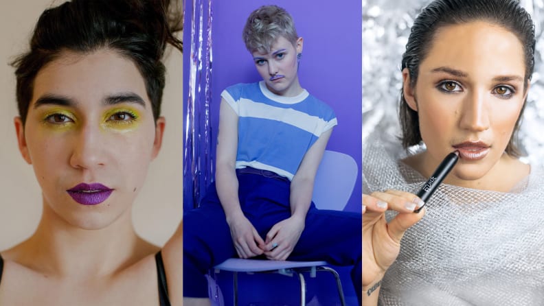 a white person wearing beautifully colorful lipstick and eyeshadow, then a nonbinary blonde person sitting in a chair with their legs spread wearing blue and purple clothes with colored makeup and a moustache, then a trans woman wearing grey sparkling clothes wearing makeup and applying lip liner