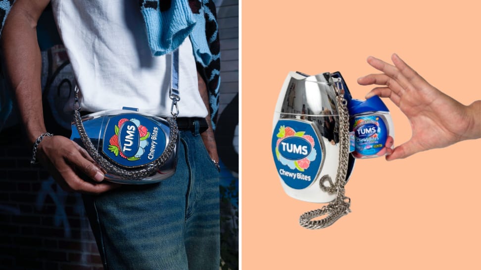 A model wearing a reflective silver handbag that looks like a bottle of Tums, and also a product shot of a hand pulling a bottle of Tums Chewy Bites out of the same purse.