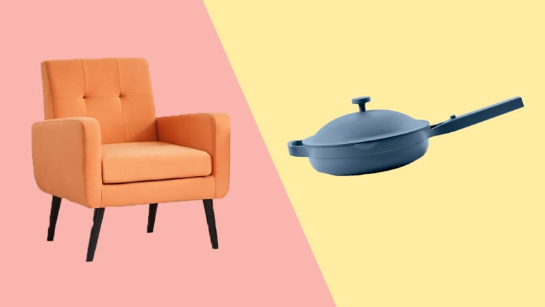 An orange chair against a pink background on the left. A blue skillet with lid against a yellow background on the right.