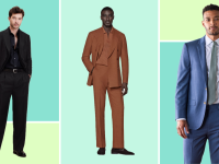 Three suits, one in black, one in orange, and one in medium blue.