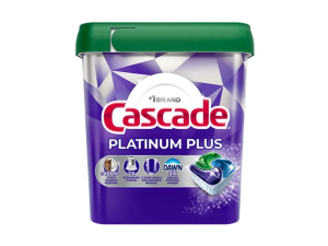Dishwasher pods from Seventh Generation, Cascade and Method in a gray ellipse and off-white background.