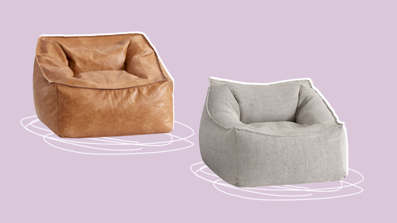 Tan leather and heather gray cloth beanbags.