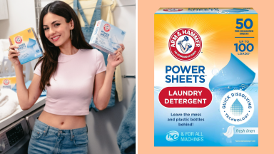 Victoria Justice holding Arm & Hammer power sheets next to a picture of the Power Sheets box