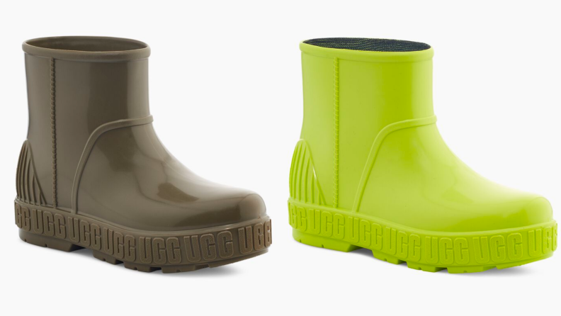 Two Ugg Drizlita boots, one in sage green and one in neon green.