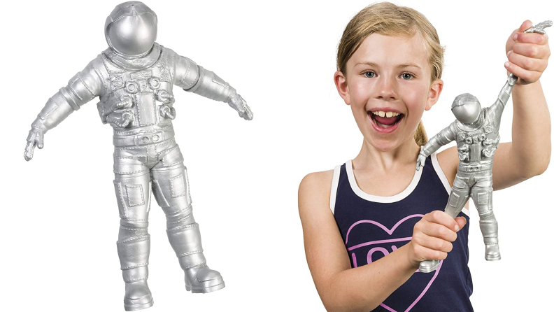 Left: A silver astronaut toy; right: a child stretches the arms of that silver astronaut toy.