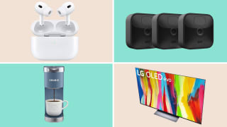 Collage of on-sale Amazon products, including Apple earbuds and an LG TV in front of colored backgrounds.