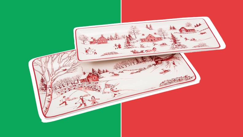 Two, rectangular red and white porcelain dishes stacked on top of each other in front of red and green collage..