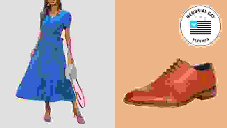 A collage showing a person wearing a long blue dress shown next to a leather dress shoe.