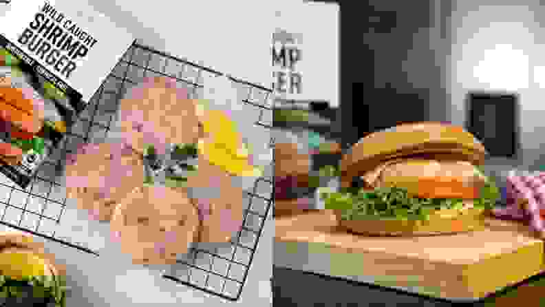 On left, four meat-free patties on top of wire rack. On right, cooked shrimp burger on top of wooden cutting board.